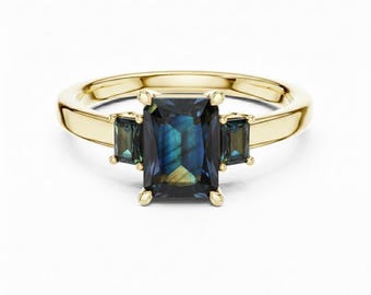 Emerald Cut Labradorite Three Stone Ring 24k Gold