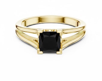 Princess Cut Black Onyx Engagement Ring, Split Shan Statement Ring