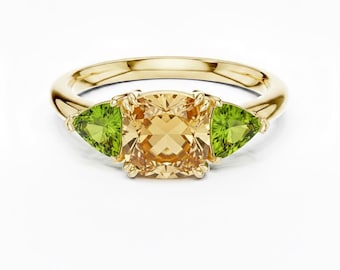 Citrine and Peridot Ring, Cushion & Trillion Cut, Three Stone Design