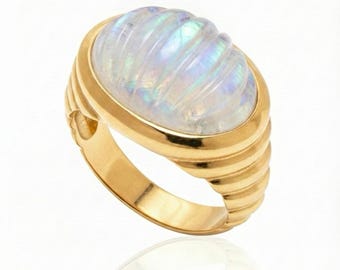 Rainbow Moonstone Signet Ring, 24K Gold Plated, Ribbed Dome