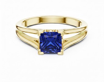 Princess Cut Blue Sapphire Engagement Ring, Split Shan Statement Ring