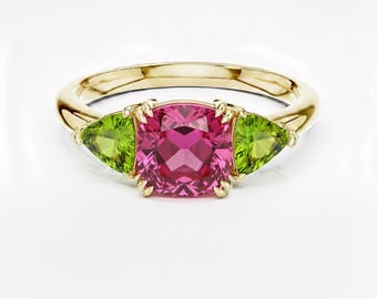 Pink Tourmaline and Peridot Ring, Cushion & Trillion Cut, Three Stone Design