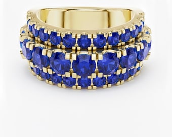 Multi Row Blue Sapphire Eternity Band, Bold 3 Row Gemstone Ring, Chunky Ring 24k Gold