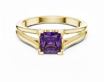 Princess Cut Amethyst Engagement Ring, Split Shan Statement Ring