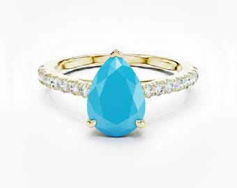 Teardrop Cut Turquoise Engagement Ring 24k Gold Pave Diamond Band