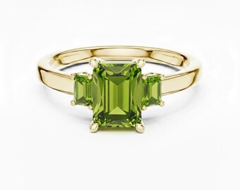 Emerald Cut Peridot Three Stone Ring 24k Gold