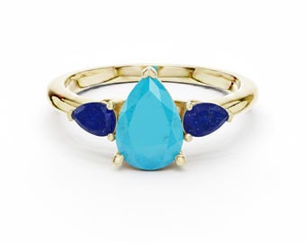 Turquoise and Lapis Custom Pear Cut Gemstone Ring, Three Stone Design