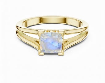 Princess Cut Rainbow Moonstone Engagement Ring, Split Shan Statement Ring