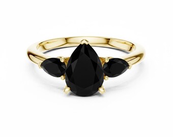 Black Onyx Pear Cut Ring, Custom Three Stone Design