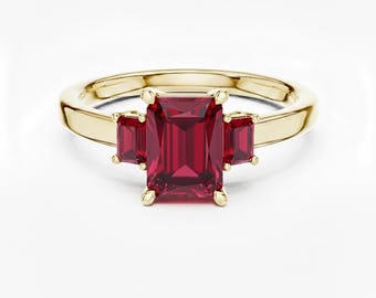 Emerald Cut Ruby Three Stone Ring 24k Gold