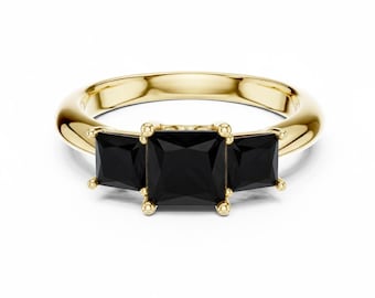 Princess Cut Black Onyx Three Stone Ring, Vintage Style