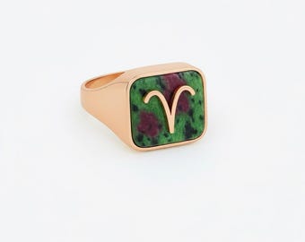 Zodiac Signet Ring, Ruby Zoisite Gemstone, Sterling Silver or Gold