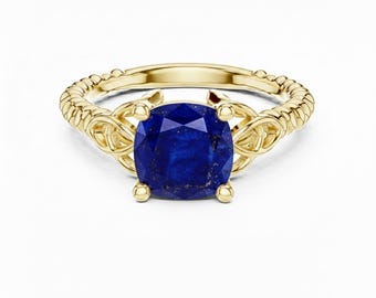 Cushion Cut Lapis lazuli Ring, Twisted Band 24K Gold Ring