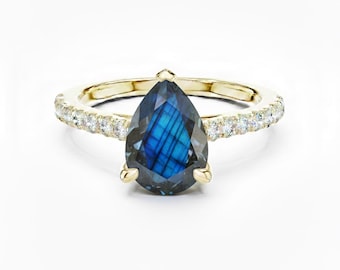 Teardrop Cut Labradorite Engagement Ring 24k Gold Pave Diamond Band