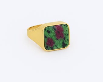 Ruby Zoisite Square Signet Ring, 24k Gold Bold Ring
