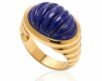 24K Gold Vermeil Gemstone Signet Ring, Ribbed Dome
