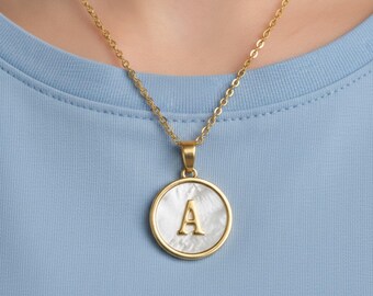 Mother Of Pearl Initial Necklace • Personalized Alphabet Charm Pendant