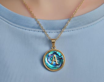 Abalone Shell Initial Necklace • Personalized Alphabet Charm Pendant