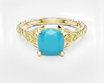 Cushion Cut Turquoise Ring, Twisted Band 24K Gold Ring