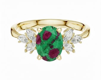 Ruby Zoisite Engagement Ring with Side Diamonds, Sterling Silver Ring, Oval Cut Ring