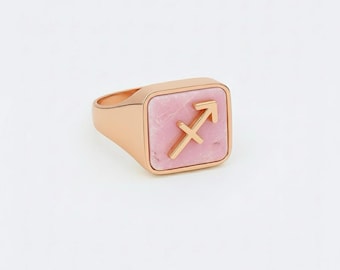 Custom Zodiac Signet Ring, Pink Opal Gemstone, Gold Plated