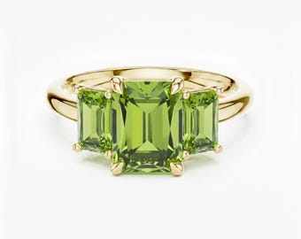 Emerald Cut Peridot Engagement Ring, 18k Gold Three Stone
