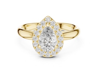 Pear Cut Moissanite Halo Ring 24k Gold Vermeil