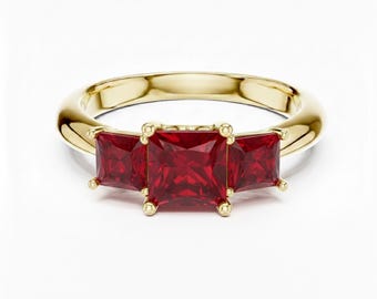 Princess Cut Lab Grown Ruby Ring, Three Stone 24K Gold Engagement Ring