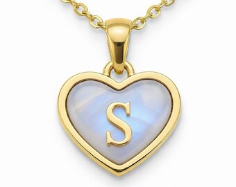 Rainbow Moonstone Initial Heart Necklace • Personalized Alphabet Charm Pendant