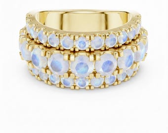 Multi Row Rainbow Moonstone Eternity Band, Bold 3 Row Gemstone Ring, Chunky Ring 24k Gold