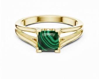 Princess Cut Malachite Engagement Ring, Split Shan Statement Ring
