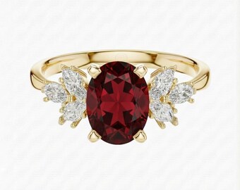 Red Garnet Engagement Ring with Side Diamonds, Sterling Silver Ring, Oval Cut Ring