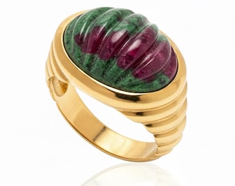 Ruby Zoisite Ribbed Dome 24K Gold Signet Ring