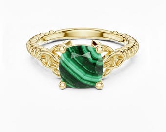 Cushion Cut Malachite Ring, Twisted Band 24K Gold Ring