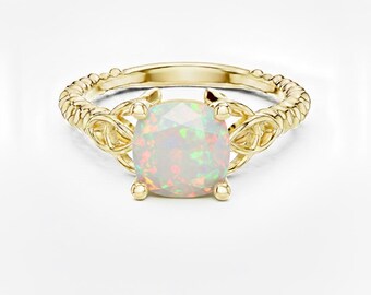 Cushion Cut Opal Ring, Twisted Band 24K Gold Ring