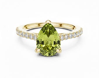 Teardrop Cut Peridot Engagement Ring 24k Gold Pave Diamond Band