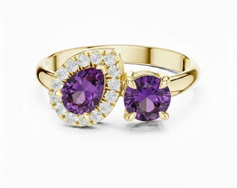Amethyst Toi et Moi Ring, Personalized Two Stone Gemstone Ring with Diamond Halo
