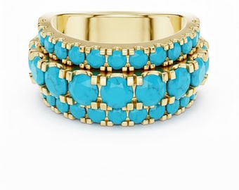 Multi Row Turquoise Eternity Band, Bold 3 Row Gemstone Ring, Chunky Ring 24k Gold