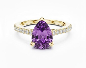 Teardrop Cut Amethyst Engagement Ring 24k Gold Pave Diamond Band