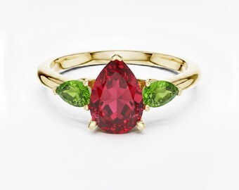 Ruby and Peridot Ring, Custom Cut Three Stone Ring, Mult Gemstone Ring, Choose Your Main & Side Stones Ring