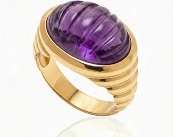 Amethyst Ribbed Dome 24K Gold Signet Ring