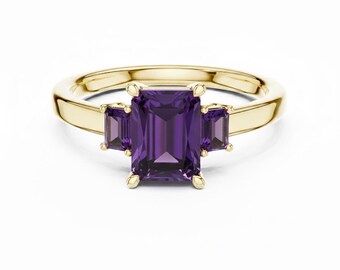 Emerald Cut Amethyst Three Stone Ring 24k Gold
