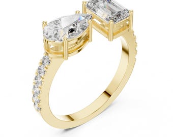 Toi et Moi Moissanite Ring Pear & Emerald Cut with Small Stones