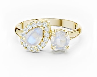 Rainbow Moonstone Toi et Moi Ring, Personalized Two Stone Gemstone Ring with Diamond Halo