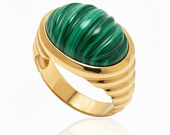 Malachite Ribbed Dome 24K Gold Signet Ring