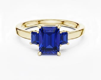 Emerald Cut Blue Sapphire Three Stone Ring 24k Gold