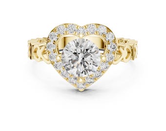 Heart Shape Halo Moissanite Engagement Ring 24k Gold