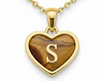 Tiger eye Gemstone Initial Heart Necklace • Personalized Alphabet Charm Pendant