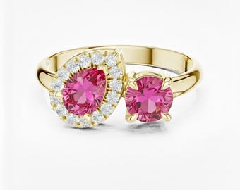 Pink Tourmaline Toi et Moi Ring, Personalized Two Stone Gemstone Ring with Diamond Halo