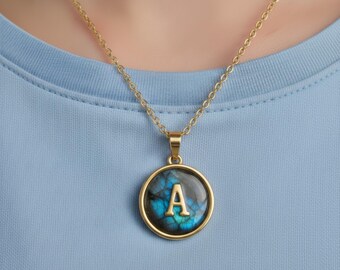 Labradorite Initial Necklace • Personalized Alphabet Charm Pendant